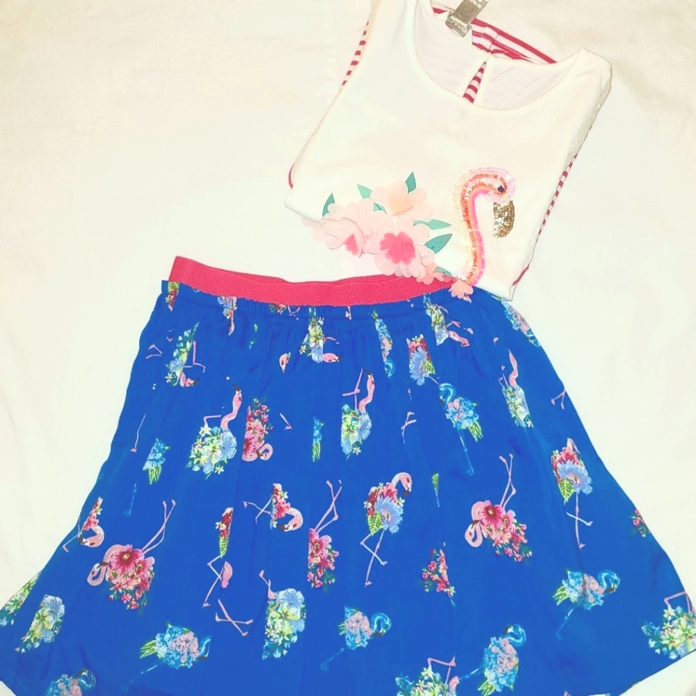 Monsoon  London Girls 3D Flower Flamingo t-shirt & skirt